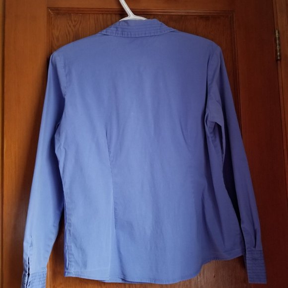 Vintage, med blue cotton, L, S, M, close fit blouse, tuck in/out, Cotton Ginny - Picture 2 of 7